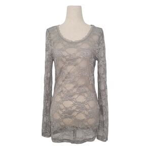 Y2k Floral Lace Sheer Long Sleeve Top Size M Gray Dainty Coquette Indie Sleaze